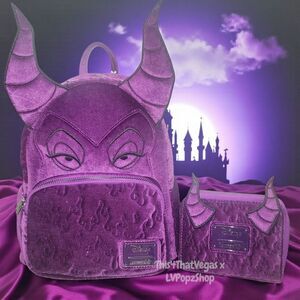 Loungefly X DISNEY Maleficent Purple Velvet Backpack and Wallet Set